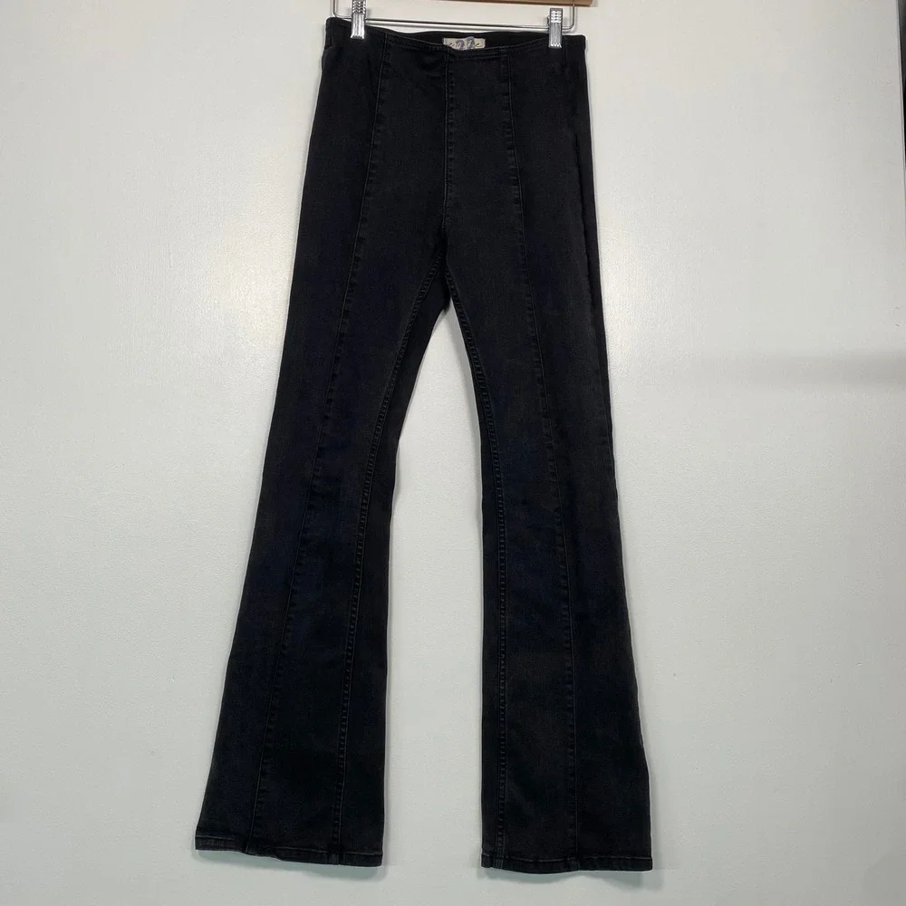 Free People We The Free Women Flare Jeans 27 Black‎ Pull On High Rise Slim Seam